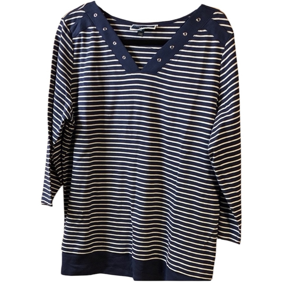 Karen Scott Navy and White Striped Three Quarter Sleeve Top NWOT